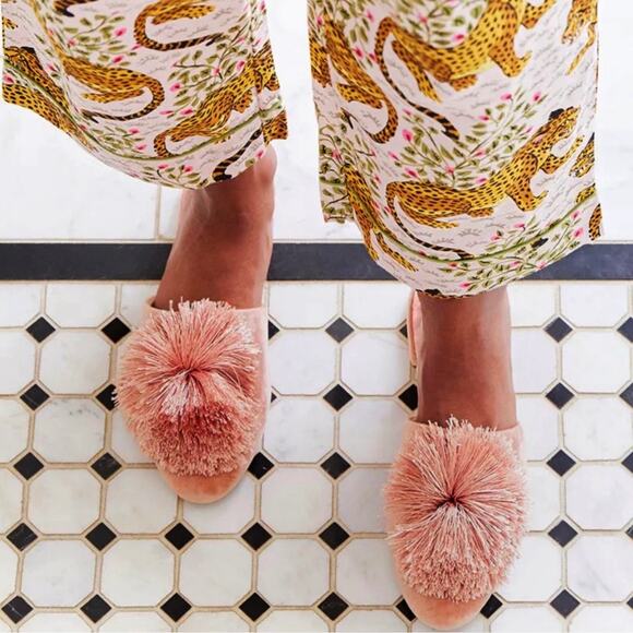 Birdies 7.5 Songbird Pom Pom Slides Velvet Blush Pink Mules Slipper Flats Tassle - Picture 5 of 11